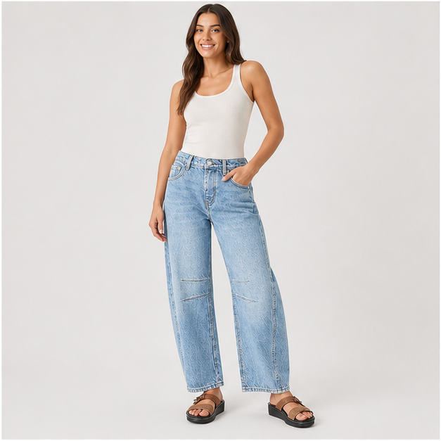 Women's Baggy Boyfriend Jeans Vintage Wide Leg Mid Rise Barrel Denim Ankle Pants - model view
