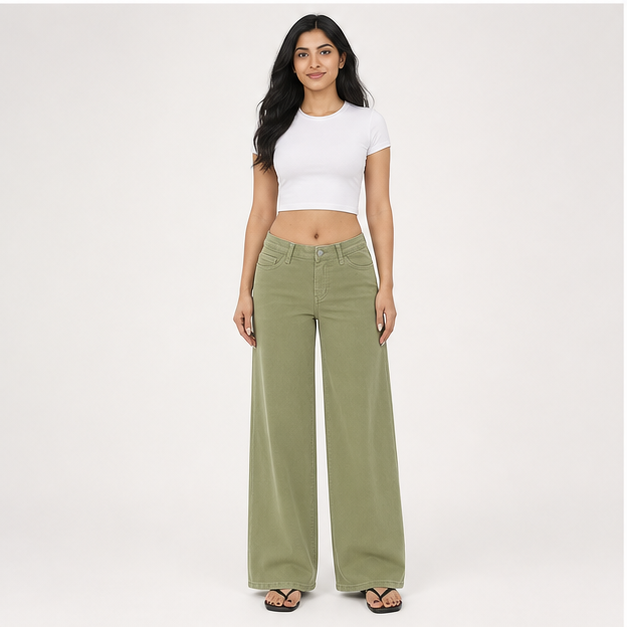 Mid-Low Rise Baggy Jeans Wide Leg for Women Distressed Pants Stretchy Bottom Lady Basic Comfortable Denim - model view
