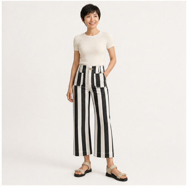 Womens Cropped Striped Jeans Casual High Waisted Stretchy Polka Dots Straight Leg Denim Pants with Pockets - model view